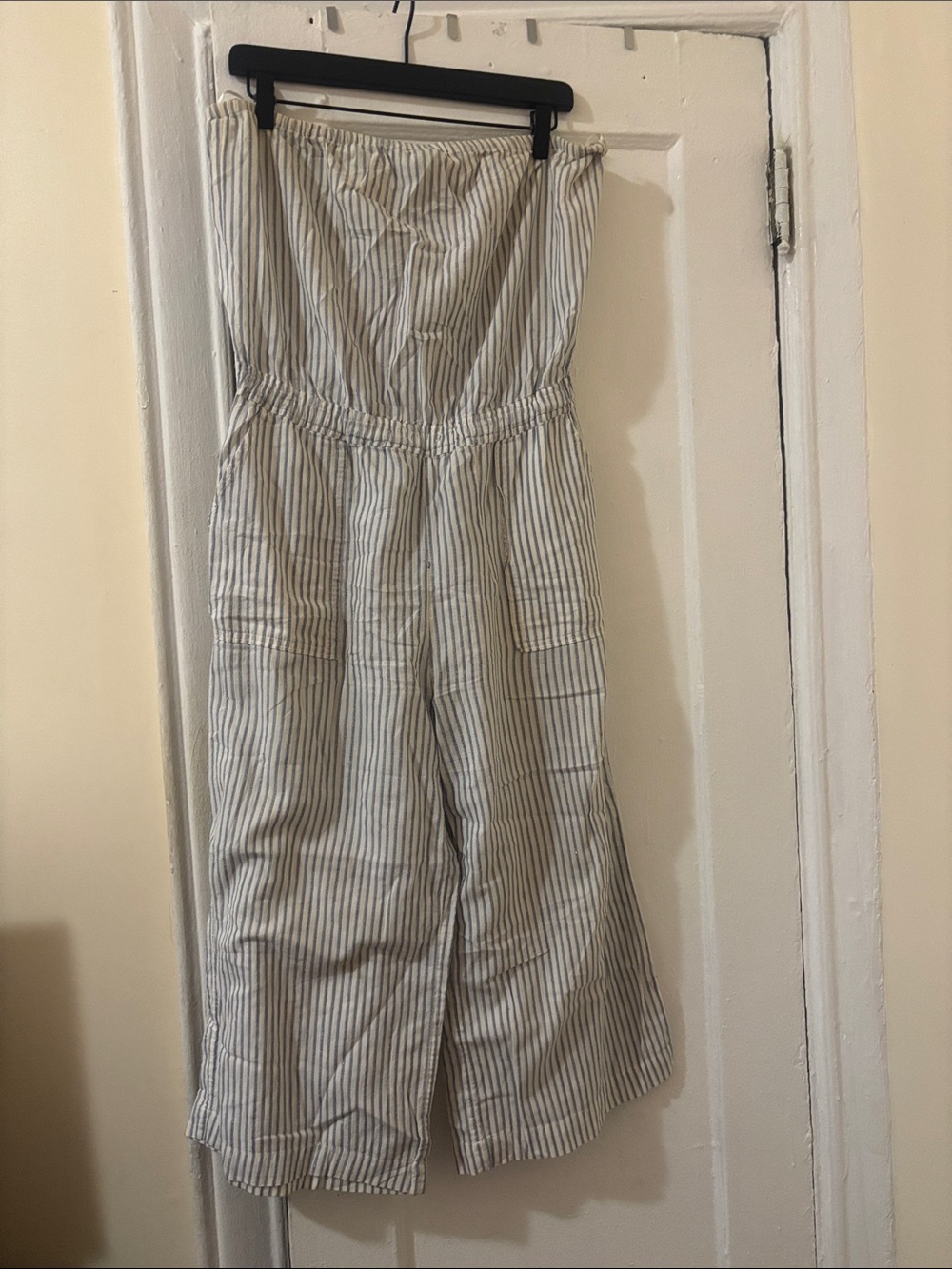 GAP Strapless Wide-Leg Jumpsuit in Cream and Blue Stripes